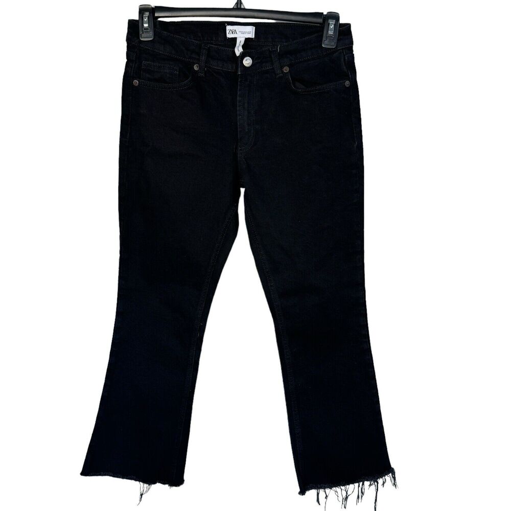Zara SZ 6 The Disco Pant Jeans Mid-Rise Frayed Hems Zip-Fly Bootcut Black Womens